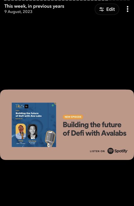 A Spotify podcast promotion page for a 'TBA' podcast episode titled 'Building the future of DeFi with Ava Labs' featuring guests Penny (BZCG) and Cyrus Ip (CTO of Ava Labs), dated 9 August 2023.