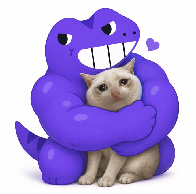 A muscular purple cartoon dinosaur with a toothy grin hugs a sad-looking white cat, with a small purple heart floating nearby. The image playfully references the "sad cat" meme, possibly hinting at a meme-inspired or cat-themed trending token.