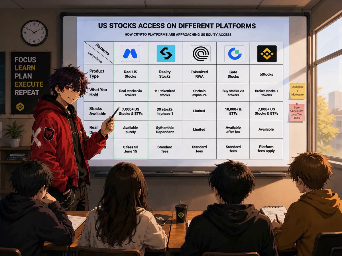 The image shows a group of people sitting around a table, looking at a presentation about different types of stock exchanges. The main focus of the presentation is the US Stock Exchange (US Stocks), which is being compared with other platforms like @MEXC. The presentation includes information on how to buy U.S. stocks and ETFs using these platforms.