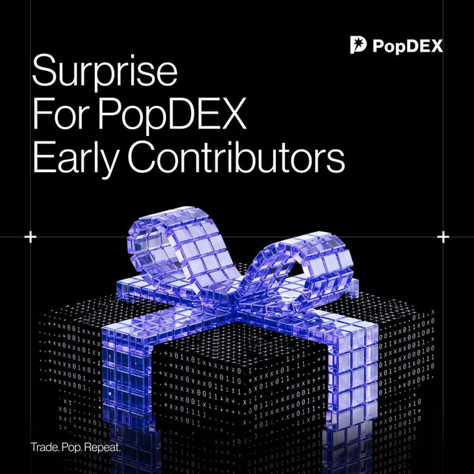 A promotional graphic for PopDEX featuring a blue illuminated ribbon-style gift bow displayed above a grid of binary code, with the headline "Surprise For PopDEX Early Contributors" and the tagline "Trade. Pop. Repeat." in the corner, visually reinforcing the post's message about PopDEX rewarding its early trader community.