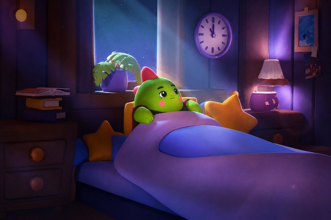 A 3D-rendered illustration of a cute green cartoon character with small red horns tucked into bed under a purple blanket in a cozy, dimly lit bedroom with a moonlit window.