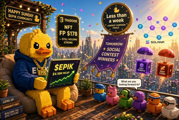 A promotional graphic for SEPIK Community featuring a yellow duck character holding a tablet showing '$EPIK $4.16M MCAP', with various banners displaying 'HAPPY SUNDAY', 'NFT FP $178 - STILL HOLDING STRONG', 'Less than a week AIRDROP CAMPAIGN FINALE', 'TOMORROW: SOCIAL CONTEST WINNERS', and 'SOLANA', alongside other small NFT characters.