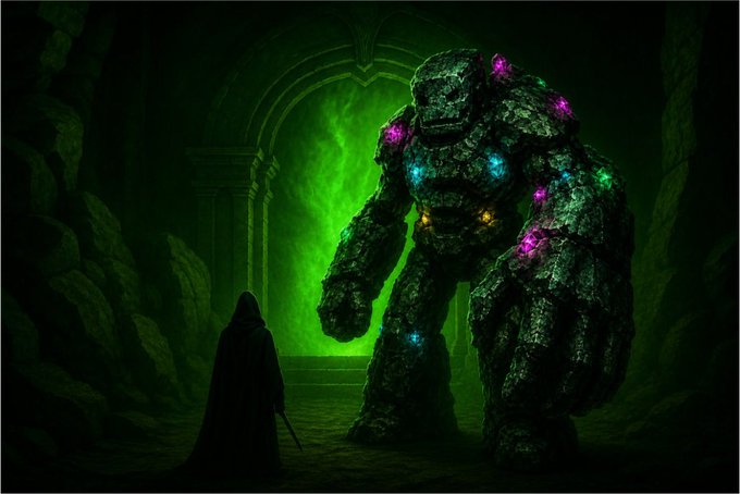A dark fantasy scene showing a hooded figure with a sword facing a massive stone golem glowing with colorful crystals, set in a green-lit dungeon.