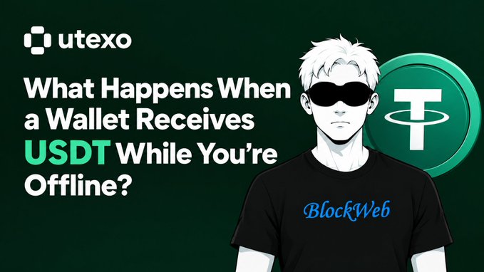 A dark-themed graphic from Utexo asking 'What Happens When a Wallet Receives USDT While You're Offline?' featuring an anime-style character wearing sunglasses and a 'BlockWeb' shirt next to a USDT (Tether) logo.