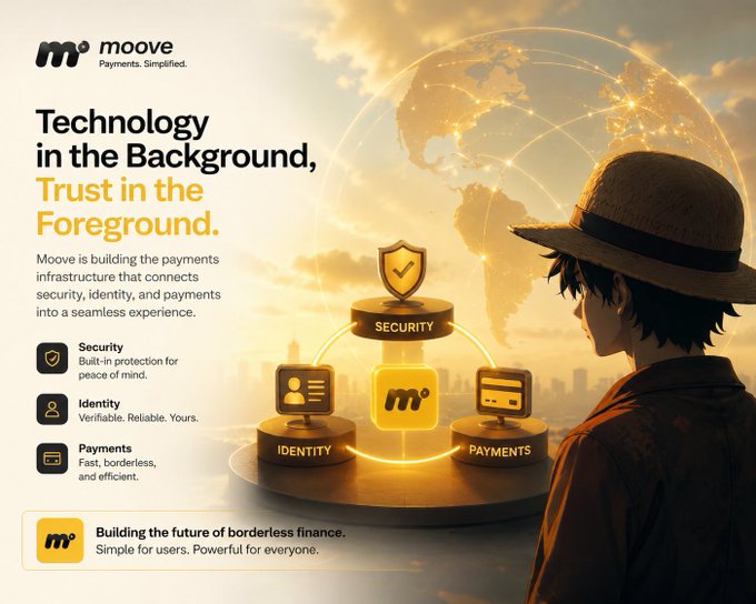 A promotional graphic for 'moove' payments company with the tagline 'Technology in the Background, Trust in the Foreground,' featuring an illustrated figure in a straw hat looking at a glowing globe with Security, Identity, and Payments icons.
