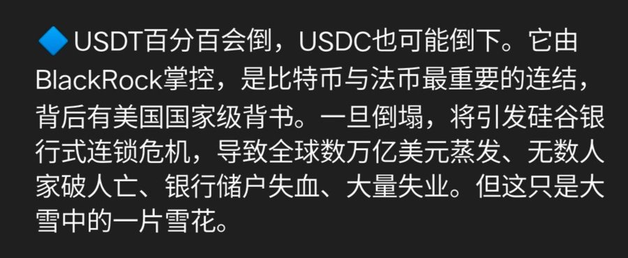 Chinese text on a dark background with a blue diamond bullet point discussing how USDT will definitely collapse and USDC may also fall, controlled by BlackRock, with US national-level endorsement, potentially triggering a Silicon Valley bank-style chain crisis.