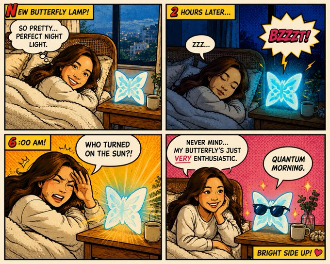 A four-panel comic strip labeled 'NEW BUTTERFLY LAMP!' by Bright Side showing a woman whose glowing butterfly lamp is the perfect nightlight, buzzes in the dark, turns on at 6:00 AM like the sun, and finally wears sunglasses for a 'quantum morning.'