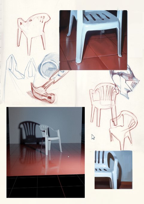 An artistic collage features sketches in red and blue pencil of plastic chairs alongside polaroid photographs of the actual white plastic chairs.