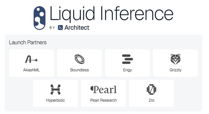 A graphic displaying 'Liquid Inference' by Architect, listing launch partners including AkashML, Boundless, Engy, Grizzly, Hyperbolic, Pearl Research, and Zro.