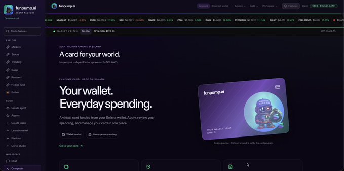 A screenshot of the funpump.ai platform homepage showing the 'Your wallet. Everyday spending.' section for the Solana-based funpump card, with an astronaut graphic.
