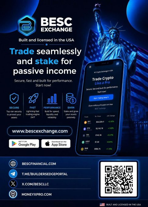 The image features a poster or advertisement for Bitcoin exchange services, prominently displayed with an American flag. It displays the title "BEC Exchange" along with three options: "Trade seamlessly without charge", "Stake for passive income", and "Trade crypto at best buy". The text also provides information about how to join the exchange.