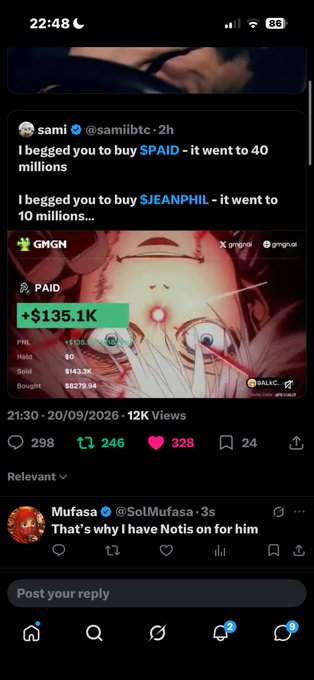 A Twitter/X screenshot showing a post by "sami @samilbtc" about memecoins $PAID and $JEANPHIL reaching 40 million and 10 millions in market cap, with a PnL of +$135.1K.