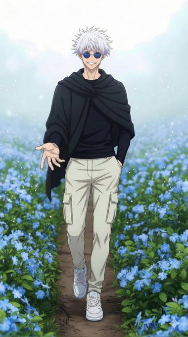 An anime-style illustration of a smiling young man with white spiky hair and sunglasses, wearing a black cloak, black shirt, and beige cargo pants while standing in a field of blue flowers.