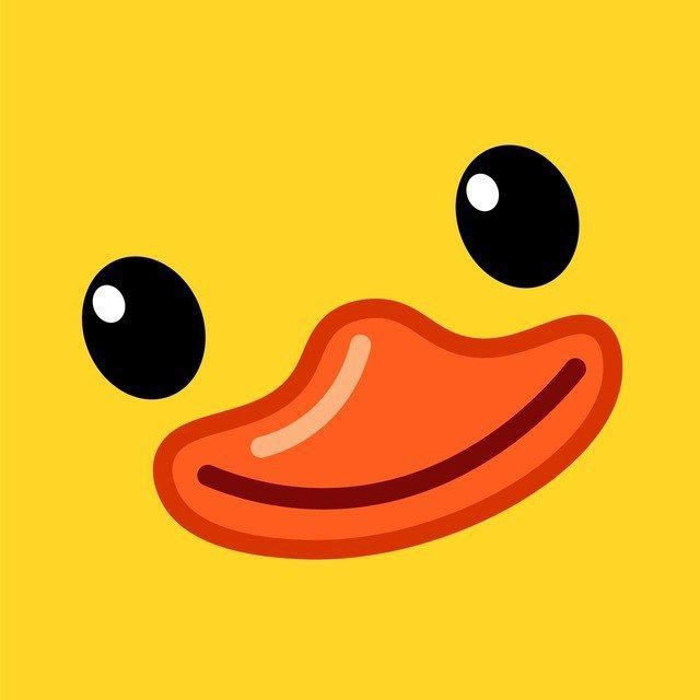 A simple cartoon illustration of a yellow duck face with large black eyes and an orange bill.