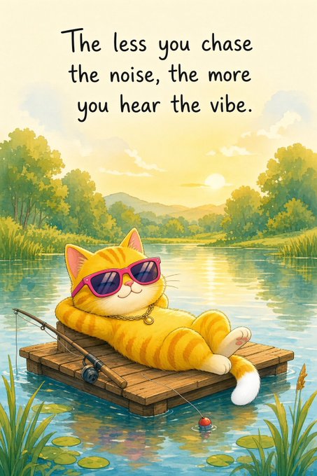 An illustrated orange cat wearing pink sunglasses lounges on a dock with a fishing rod, accompanied by the text 'The less you chase the noise, the more you hear the vibe.'