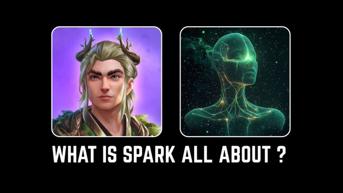 The image shows two square images side by side with a caption below them that reads "What is Spark all about?". The first image features a woman's face, while the second image depicts an AI head. Both images are set against a black background, making the text and visuals stand out prominently.