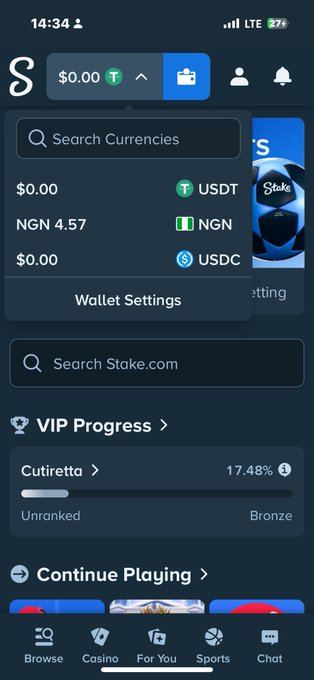 A mobile screenshot of the Stake.com app showing a wallet menu with USDT, NGN, and USDC currency options, a VIP Progress bar at 17.48%, and navigation tabs for Browse, Casino, For You, Sports, and Chat.