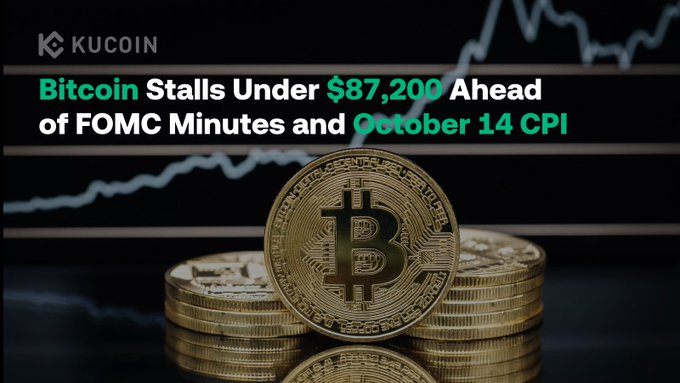 A promotional KuCoin banner stating "Bitcoin Stalls Under $87,200 Ahead of FOMC Minutes and October 14 CPI," displayed over an image of gold Bitcoin tokens stacked against a dark background. The image aligns with the post's theme by visually reinforcing Bitcoin's struggle to break through the $87,200 resistance level.