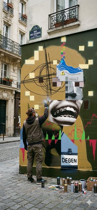 The image shows a man painting graffiti on a building's wall using spray paint cans. He appears to be wearing headphones while working on his art. The surrounding area has several potted plants, indicating that this might be an urban setting or a public space where people can enjoy greenery and artistic expression.

There are also multiple bottles scattered around the scene, possibly containing paint or other materials used for graffiti art.
