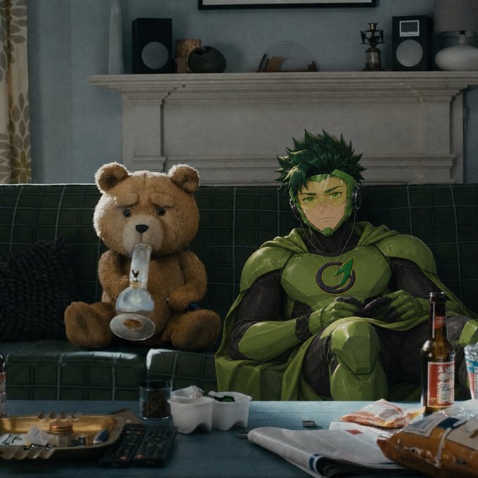 A digital artwork showing a green-costumed superhero character with spiky green hair sitting on a green couch next to a sad-looking teddy bear smoking a bong, with a coffee table cluttered with various items in the foreground.