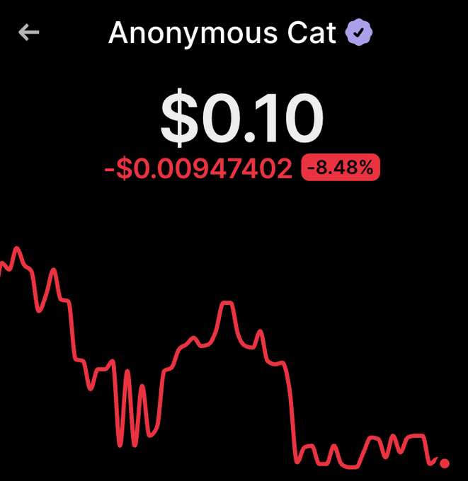 A mobile trading screen displays "Anonymous Cat" at $0.10, down 8.48% (-$0.00947402), with a red chart showing a sharp downward trend followed by volatile but consistently declining price action—visually reinforcing the joke that the coin "found a bottom" only to keep falling further.