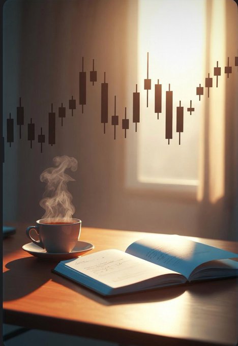 A digital artwork showing a steaming cup of coffee and an open book on a wooden table, with candlestick financial charts floating in the air near a bright window.