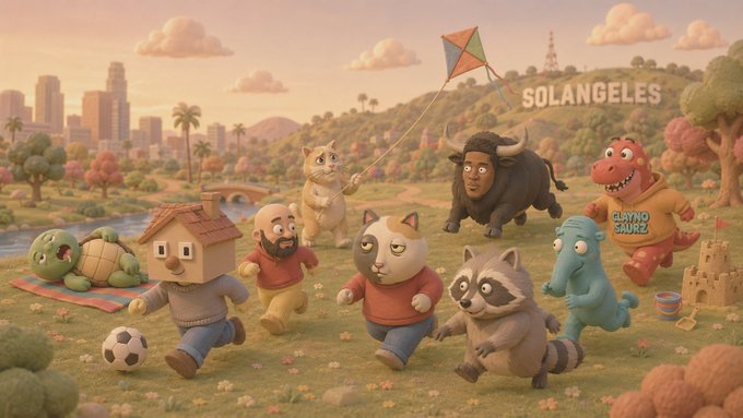A colorful 3D animated illustration featuring various cartoon characters including a cat, buffalo, dog, house, turtle, and others playing in a park setting with a city skyline and 'SOLANGELES' sign in the background.
