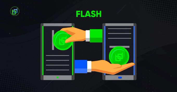 A graphic titled 'FLASH' shows an illustration of two smartphones with hands exchanging a green coin bearing a logo between them.