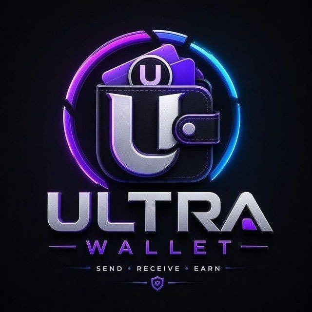 A logo for "ULTRA WALLET" featuring a stylized purple and silver wallet icon with the tagline "SEND • RECEIVE • EARN."