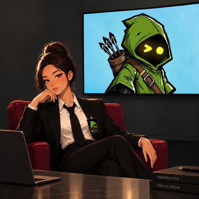 An anime-style illustration shows a woman in a dark business suit with a black tie and ID badge sitting in a red chair, with a screen behind her displaying a green-hooded archer character, alongside books labeled 'PROSPECTUS' and 'FISCAL FRIDAY.'