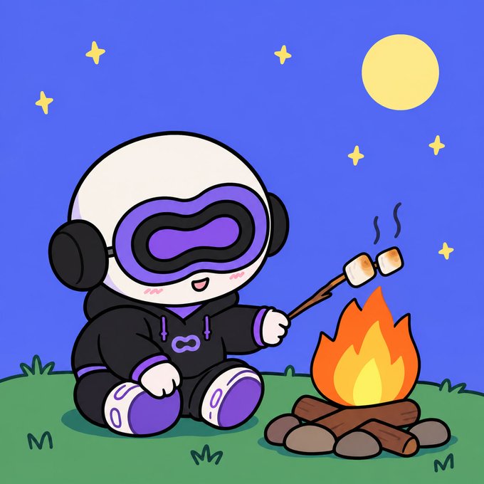 A cute cartoon mascot in a black hoodie and purple VR-style goggles roasting marshmallows over a campfire under a starry blue night sky with a full moon, signed 'M'.