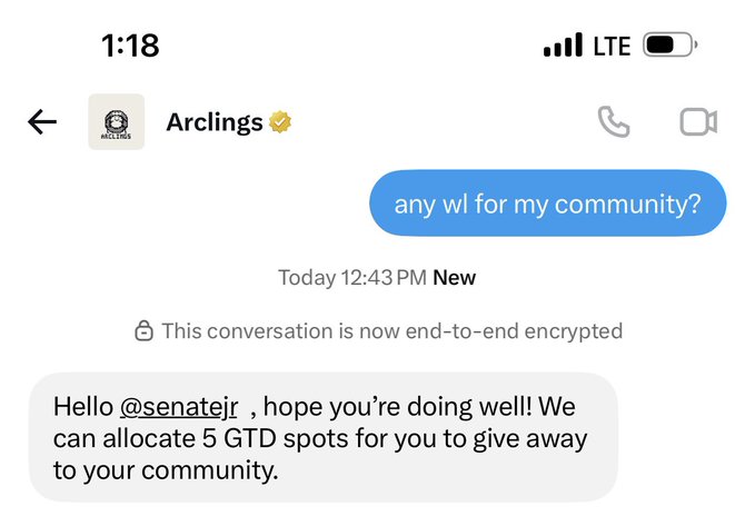 A text message conversation where someone asks 'any wl for my community?' to 'Arclings' and receives a reply: 'Hello @senatejr, hope you're doing well! We can allocate 5 GTD spots for you to give away to your community.'