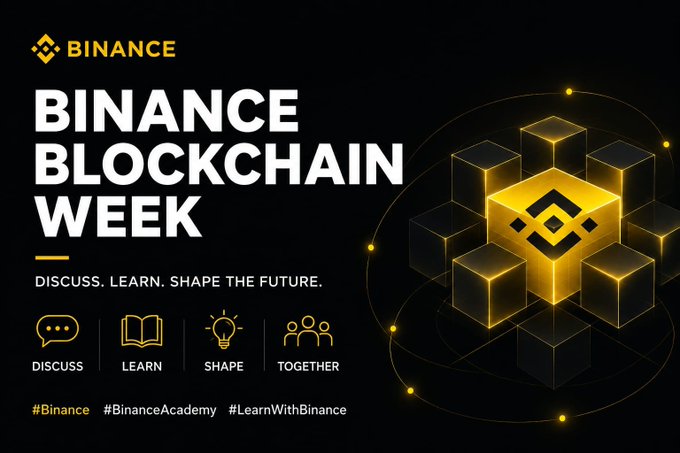 A Binance Blockchain Week promotional banner featuring the tagline "DISCUSS. LEARN. SHAPE THE FUTURE." alongside icons representing discussion, learning, shaping, and community—reinforcing the post's message that the event is a space to explore the broader questions shaping blockchain, Web3, and digital assets beyond just market prices.