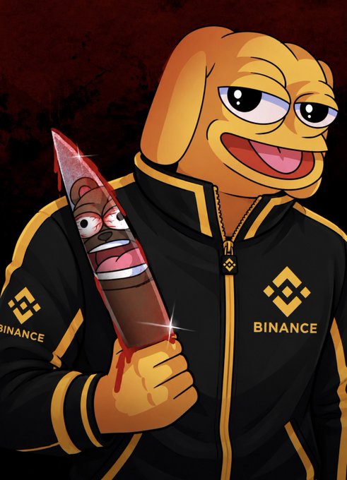 An illustration of a Pepe-style cartoon frog character wearing a black Binance jacket and holding a bloody knife wrapped in plastic, featuring the Binance logo.