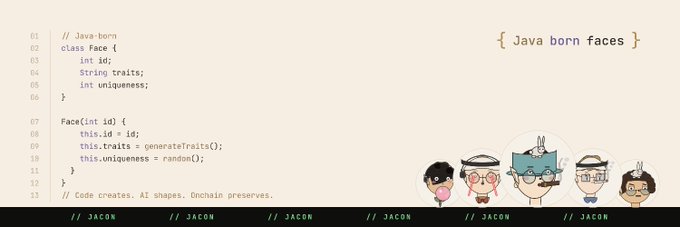A code snippet showing a Java class definition for "Face" with id, traits, and uniqueness properties, accompanied by the text "{ Java born faces }" and cute character avatars labeled "JACON" along the bottom.