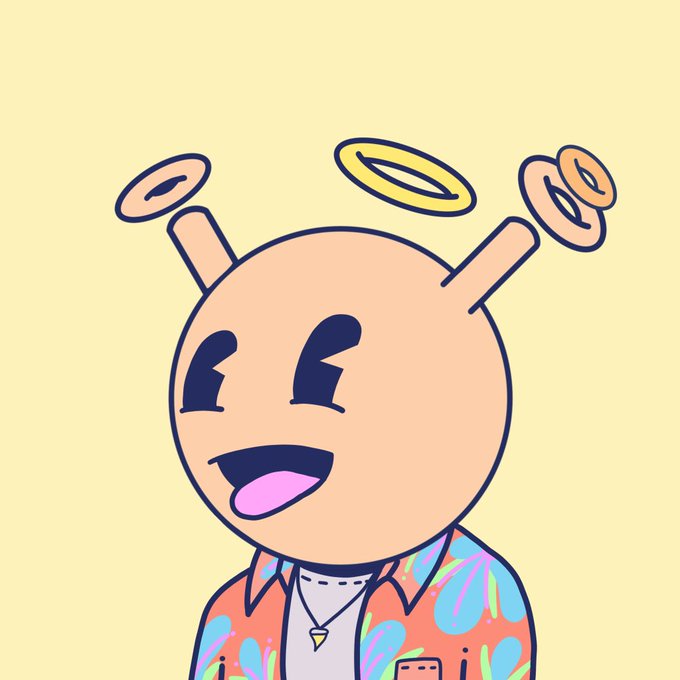 A cartoon illustration of a cheerful round-headed character with antennae topped with golden rings, wearing a colorful patterned shirt against a pale yellow background.