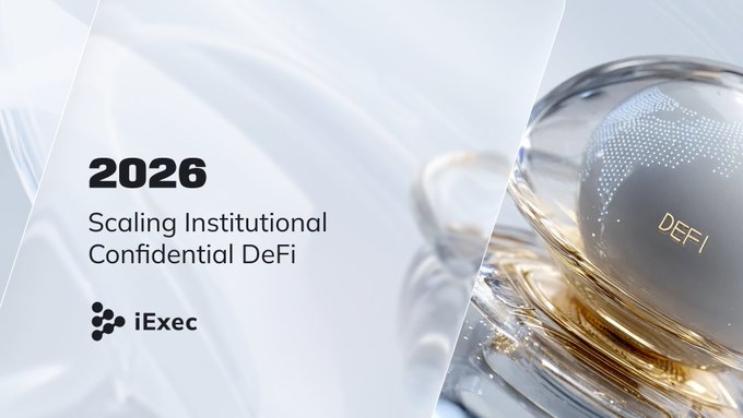 Presentation slide featuring '2026 Scaling Institutional Confidential DeFi' with the iExec logo and a glass orb displaying 'DEFI'.