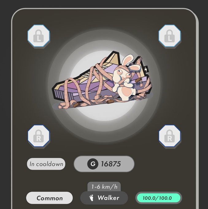 A mobile game screen displaying a rabbit character on a purple striped sofa with control buttons (L/R), showing 'In cooldown' status, 'Common' rarity, 'Walker' ability, '1-6 km/h' speed, and '100.0/100.0' HP.