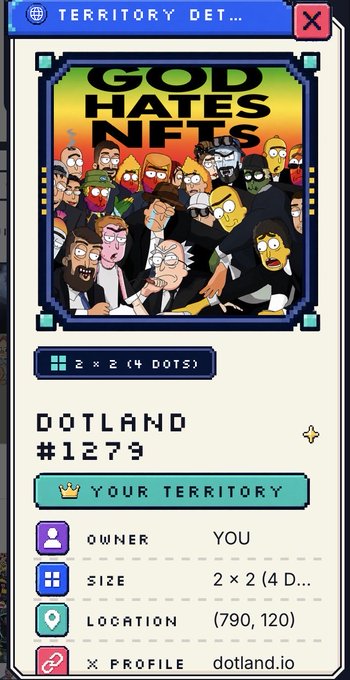 A screenshot from dotland.io showing a pixel-art territory NFT labeled 'GOD HATES NFTS' (#1279, 2x2 size, location 790,120) owned by 'YOU'.