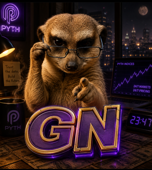 The image features a brown and tan striped meerkat sitting at a desk with glasses, holding a cup of coffee or tea, and looking directly at the camera. The background shows a city skyline at night, suggesting that the photo was taken during nighttime in an urban setting. The caption to the image reads "GN Markets Never Sleep @PythNetwork See You Tomorrow." This implies that the meerkat is associated with Gn Markets, a company based in San Francisco, California, and it has been featured on their website.