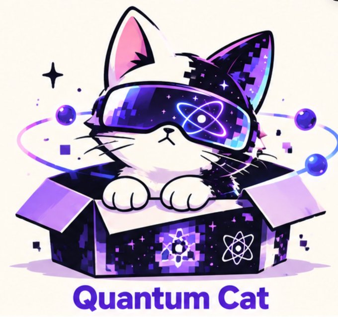 A digital illustration of a white cat wearing cyberpunk-style VR goggles with atom/galaxy designs, popping out of a purple box labeled 'Quantum Cat'.