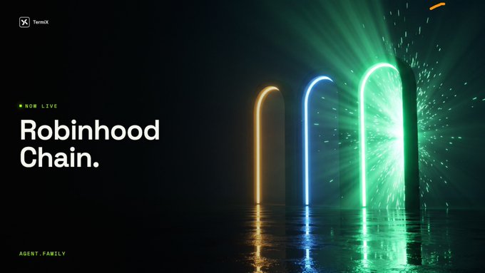 A digital advertisement for 'Robinhood Chain.' featuring three glowing neon arches in yellow, blue, and green, with a 'NOT LIVE' tag and 'Temx' logo visible.