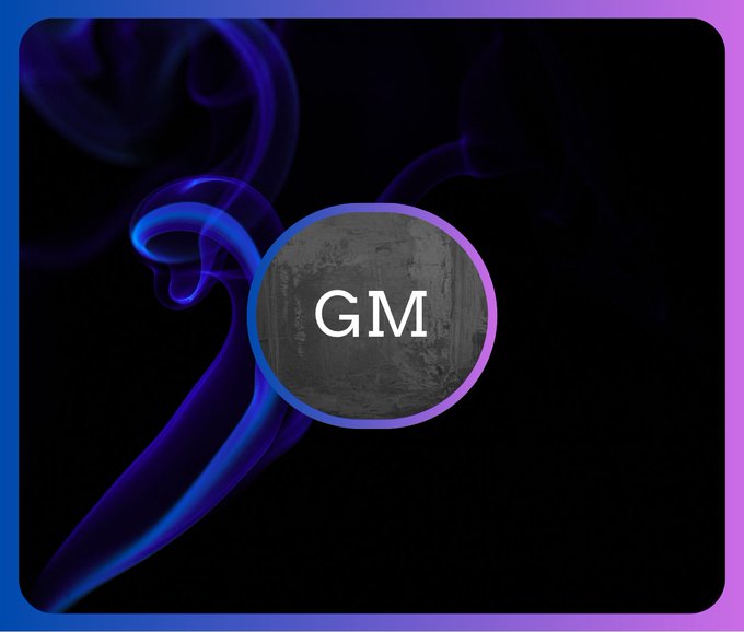 A dark logo design with 'GM' text inside a circular emblem, framed by blue and purple gradient borders with smoke effects.