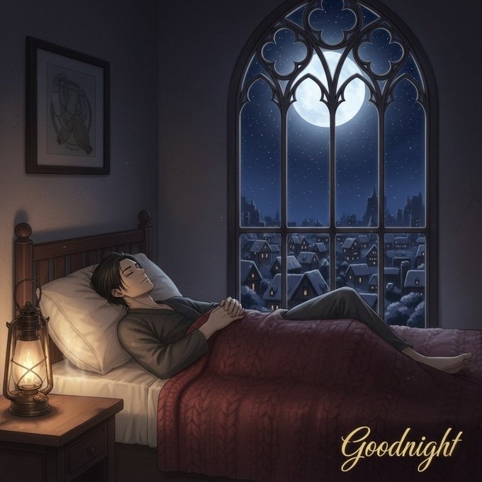 An illustration of a person sleeping peacefully in bed next to a glowing lantern, with a large Gothic window revealing a full moon and snowy village, captioned 'Goodnight'.