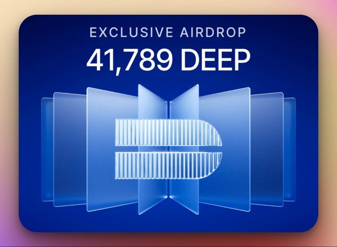 A blue graphic displaying an 'EXCLUSIVE AIRDROP' notification of '41,789 DEEP' tokens with a stylized blue glass or crystal 'D' logo design in the center.