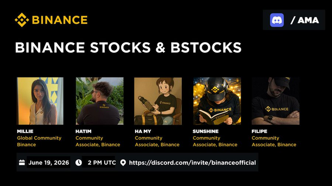 The image features a poster for a Discord AMA event related to Binance Stocks & bStocks, scheduled for Friday, June 19 at 2 PM UTC with Binance Associates and Binance Angels participating. The poster includes a list of people who have joined the AMA, along with their names and the date they joined. There is also information about the rewards pool that can be earned by joining the AMA.