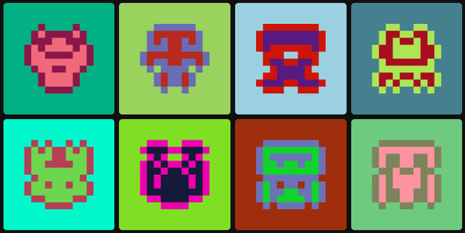 A grid of eight pixel-art alien characters in various colors (pink, purple, green, etc.) displayed on differently colored square tiles.