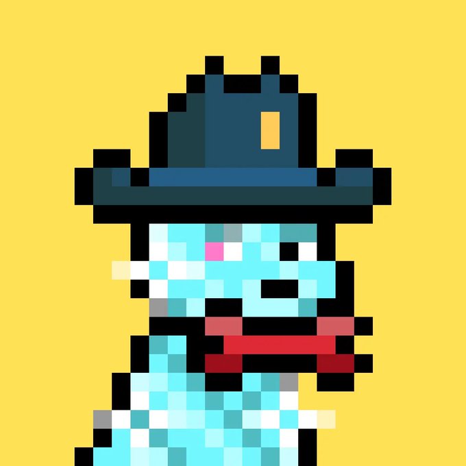A pixel art illustration of a blue skeleton character wearing a blue hat and red scarf, set against a solid yellow background.
