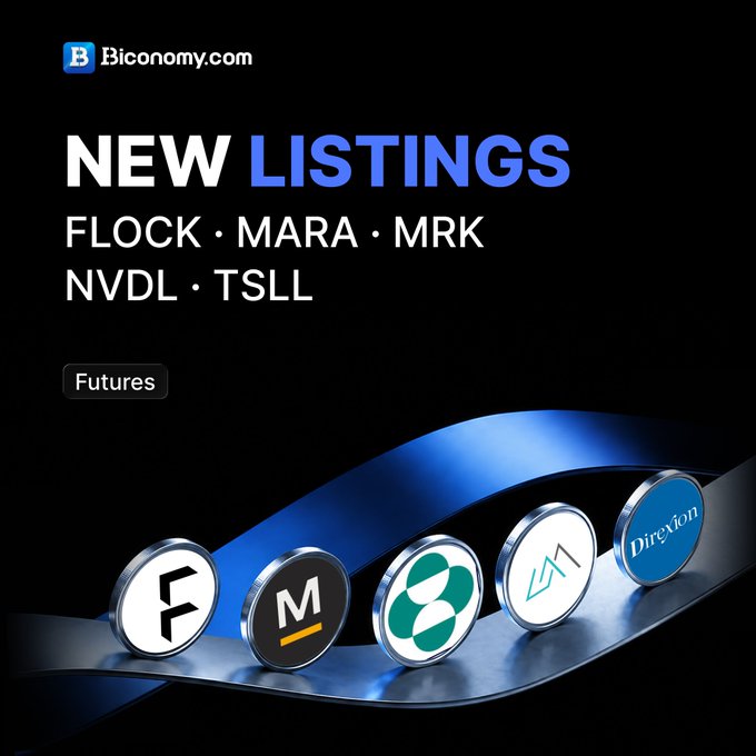 A promotional graphic with a black background announcing 'NEW LISTINGS' on Biconomy.com for 'FLOCK · MARA · MRK' and 'NVDL · TSLL' Futures, displaying 3D coin logos at the bottom.