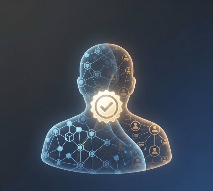 A digital illustration of a translucent humanoid bust filled with hexagonal patterns and user icons, with a glowing golden seal and checkmark on its chest.